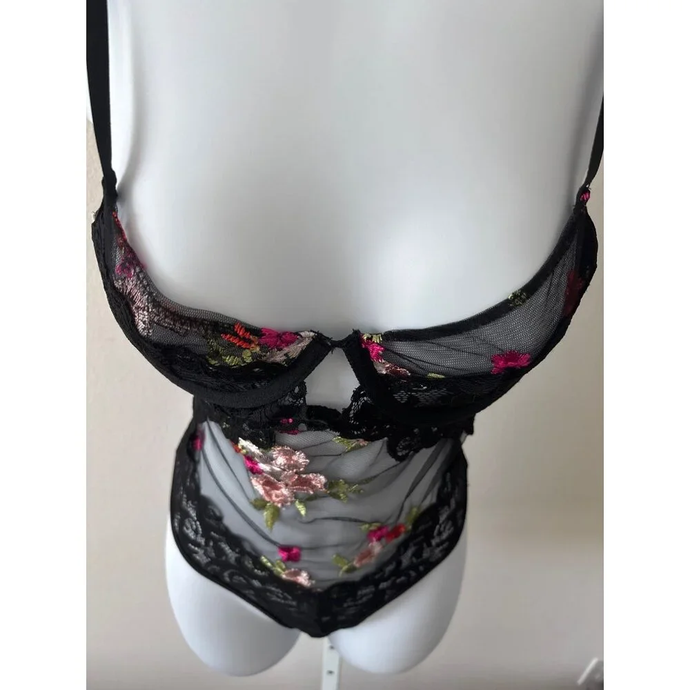Y2K Bodysuit Small Sheer Lace Floral Embroidered Black Mesh Open Back Lingerie - Picture 10 of 16